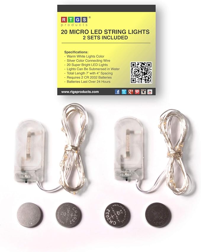 2 Sets 20 LEDs Warm White Color String Lights Silver Wire Indoor and Outdoor 6.5 Feet Firefly Starry Fairy Lights Battery Powered for DIY, Christmas, Holidays, Party, Bedroom and Centerpieces