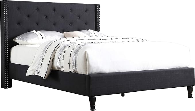Home Life Linen Upholstered Platform Bed - Cloth Platform Bed with 51 Tall Headboard - Durable Wooden Slat Design - Easy to Assemble - Mattress Support - No Box Spring Needed - Full Size, Black