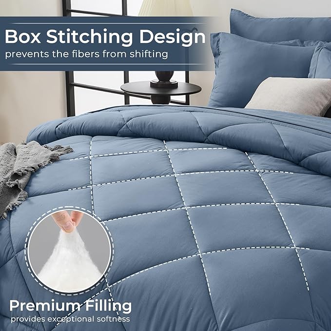 HEVUMYI Dusty Blue Twin Comforter Set - 5-Piece All Season Bed in a Bag Twin, Ultra Soft Bedding Set with Comforter, Flat Sheet, Fitted Sheet, Pillowcases, Pillow Shams