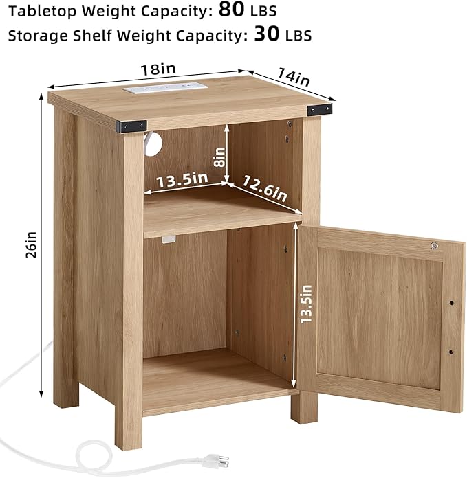 Boho Fluted Nightstand Set of 2 for Bedroom, 18" Rustic Night Stand with Charging Station, Modern Accent Bedside Tables with Open Storage Shelf & Door, Wooden End Table for Home, Natural Oak