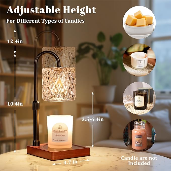Hong-in Candle Warmer Lamp with Timer -Dimmable Adjustable Height Wax Melt Warmer for Jar Candles,Vintage Home Decor with Elegant Amber Glass,Birthday Gifts for Women, Mom, Friend