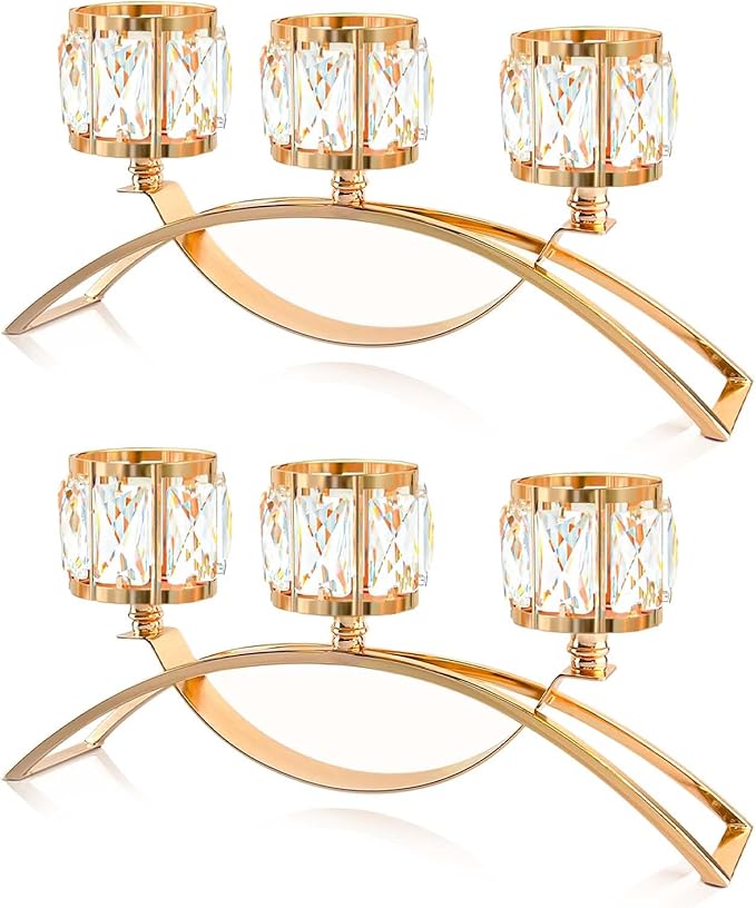 3 Arms Crystal Candle Holders, Arch Candlestick Table Candelabras Centerpieces for Wedding, Dinning Room, Cabinet Ornaments, Home Decoration， Gift (Gold, 2 Pcs-3 Arm Arched)