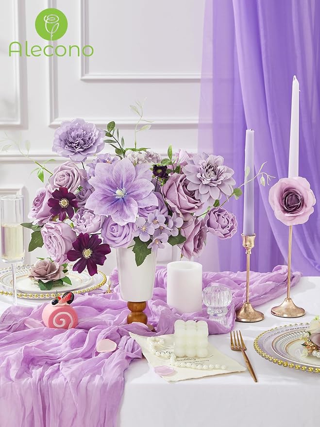 Alecono Artificial Flowers, Purple Fake Flowers Combo Box with Stems for DIY Wedding Bridal Bouquets, Cake Party Table Centerpieces Home Decor