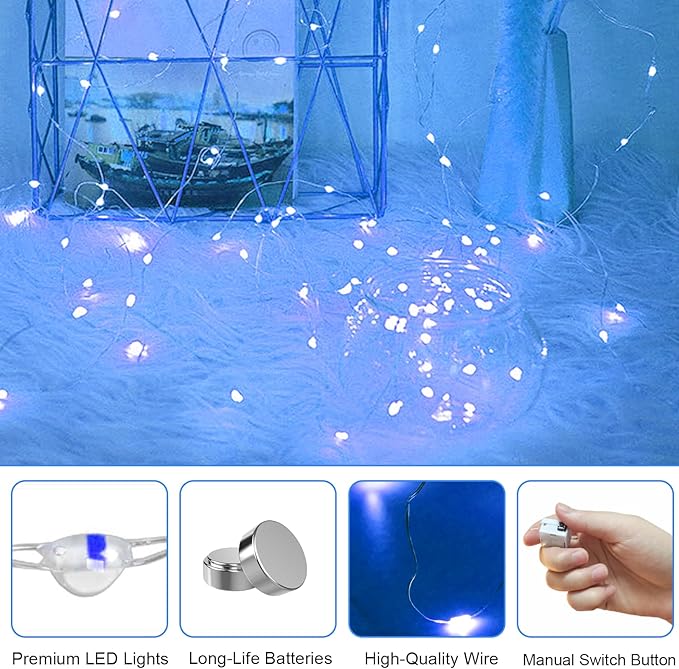 50 Pack Fairy Lights Battery Operated - 3 Speed Modes, 7Ft 20 LED String Twinkle Lights, Waterproof Copper Wire, Mini Firefly Light for Mason Jars Vases Christmas Decor, Blue