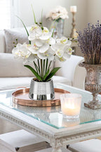 Artificial White Phalaenopsis Orchid Flower Arrangements Faux Orchid Flower in Silver Pot Orchid Centerpiece for Dining Room Table