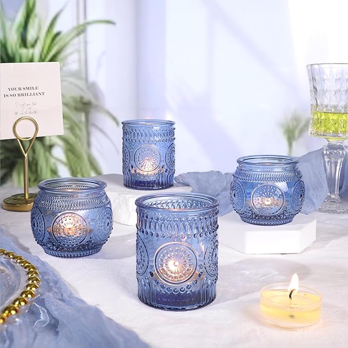 36 Pcs Blue Candle Holders Bulk- Blue Votive Candle Holders for Wedding Centerpieces, Assorted Glass Tea Lights Holders for Baby/Bridal Shower, Thanksgiving, Fall, Christmas Table Centerpieces Decor