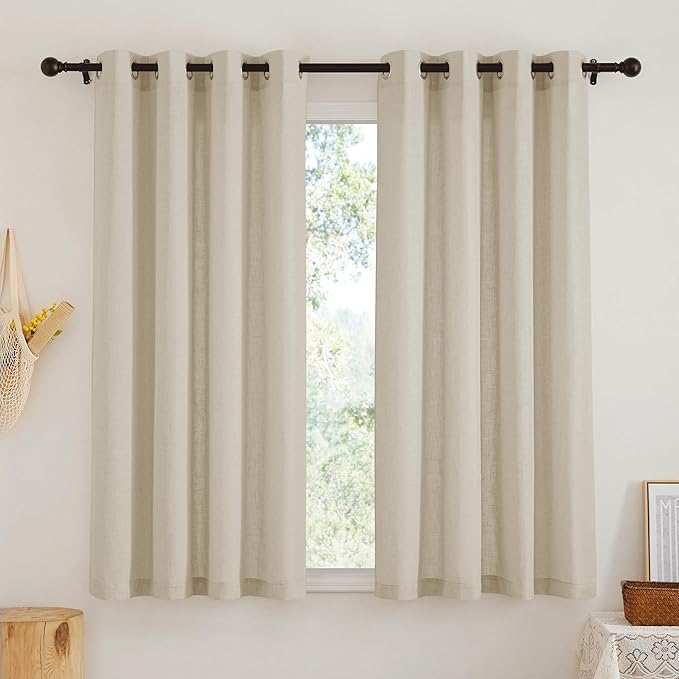 RYB HOME Flax Linen Blend Curtains - Semi Translucent Privacy Kitchen Curtains, Light Glare Control Window Drapes for Bathroom Closet Nursery, 52" W x 63" L, 2 Pcs, Beige