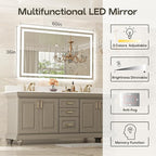 USHOWER LED Bathroom Mirror 60x36 Inch with Lights - Frameless Tempered Glass LED Backlit Lighted Mirror for Bathroom Vanity with Anti-Fog, 3 Colors Dimmable, Memory Function, Wall-Mounted