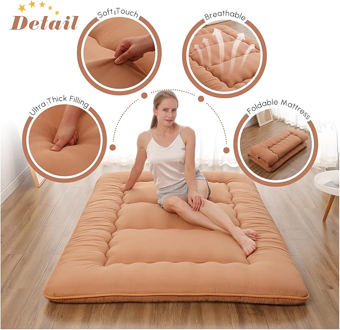 Japanese Floor Mattress, Futon Mattress with Portable Storage Bag and Washable Cover, Roll Up Thick Tatami Mat Suitable for Camping, Guest Room, Light Coffee, Twin