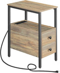 HOOBRO End Table with Charging Station, Narrow Side Table with 2 Drawer & USB Ports & Power Outlets, Nightstand for Small Spaces, for Living Room, Bedroom, Sapphire Brown UC541BZ01