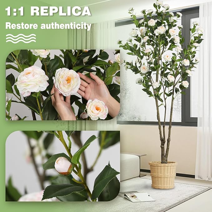 6.89ft Faux Camellia Tree, Handmade Artificial Floral Camellia Tree, Fake Pink White Blooming Flowers Green Leaves, Artificial Plants for Home Front Door Decor Indoor Outdoor Party Wedding