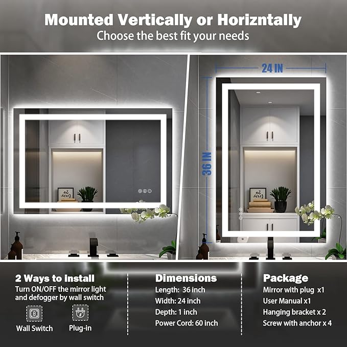 24''x36'' LED Bathroom Mirror with Front + Backlit, Tempered Glass Bathroom Mirror with Lights, Anti-Fog, 3 Colors with Stepless Dimmable Memory Bathroom Vanity Mirror for Wall, Shatterproof