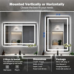 24''x36'' LED Bathroom Mirror with Front + Backlit, Tempered Glass Bathroom Mirror with Lights, Anti-Fog, 3 Colors with Stepless Dimmable Memory Bathroom Vanity Mirror for Wall, Shatterproof