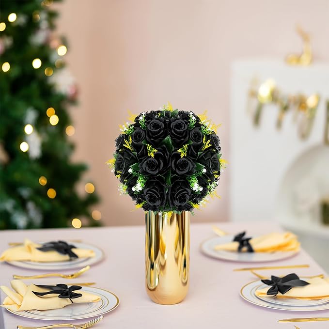 BLOSMON Flower Balls Wedding Rose Centerpieces 2 Pcs Black Fake Flowers Kissing Balls Decor Artificial Floral Arrangements Flower Bouquet of Roses Home Party Room Table DIY Decorations