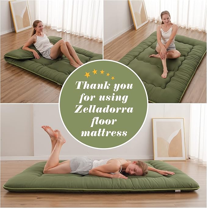Japanese Floor Mattress, Futon Mattress with Portable Storage Bag and Washable Cover, Roll Up Thick Tatami Mat Suitable for Camping, Guest Room, Green, Full