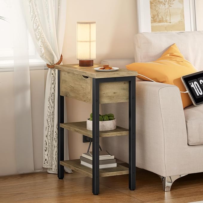HOOBRO End Table with Charging Station, Narrow Side Table, Flip Top Nightstand with USB Ports and Outlets, Bedside Tables with Shelf for Small Spaces, Living Room, Sunwashed Ash Oak BHH341BZ01
