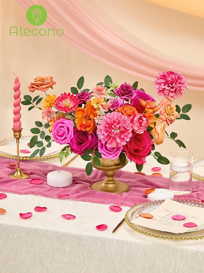 Alecono Artificial Flowers, Orange and Hot Pink Silk Fake Flowers for DIY Wedding Bouquets, Cake Flowers for Table Centerpieces Party Home Decorations