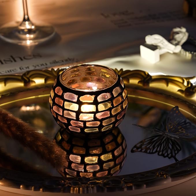 6pcs Votive Candle Holders, Mosaic Tealight Holder Stained Glass Tea Light, Colorful Handmade Candle Jars Aromatherapy Candle Lamp for Christmas, Wedding, Birthday Table Centerpiece Decor