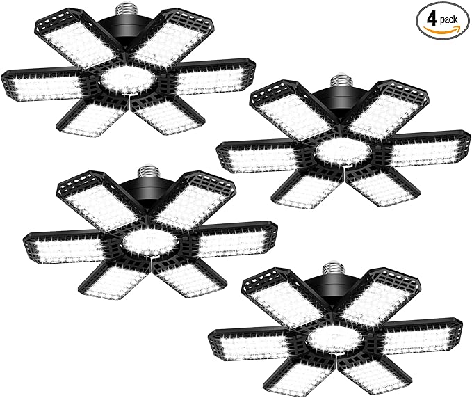 4 Pack LED Garage Light, 200W 20000LM 6500K LED Shop Lights, Garage Lights Ceiling Led with 6+1 Deformable Panels, Screw in E26/E27 Socket Bulb for Warehouse, Workshop, Basement, Barn Lighting