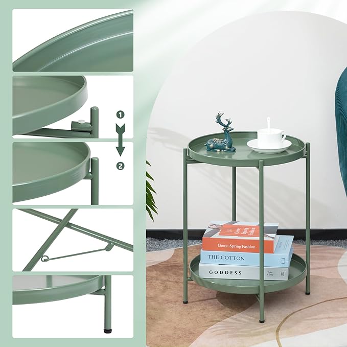 HollyHOME 2-Tier Round Side Table, Outdoor Small Folding Accent Stand with Removable Tray, Anti-Rust Metal Asional Table for Balcony Patio Living Room, Nightstand for Bedroom(Matcha Green)