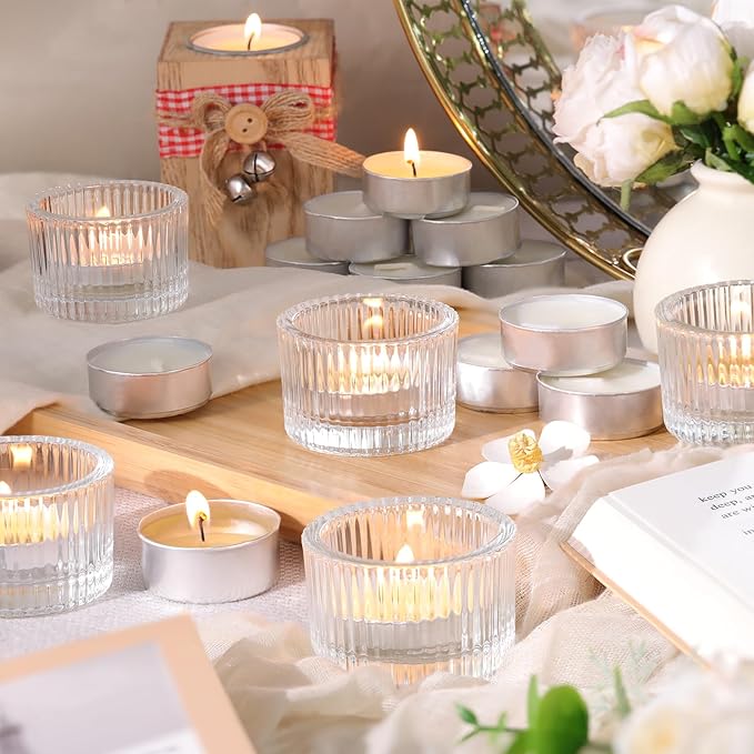 36 pcs Clear Tealight Candle Holders with 36PCS Tea Lights Candles, Glass Votive Candle Holders Set for Table Centerpiece, Home Decor and Party Supplies