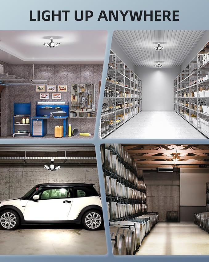 Adiding LED Garage Light Rotatable, Bright Basement Shop Ceiling Bay Lighting Fixture w/ 6 Adjustable Panels Screw in E26 E27 Bulb Base for Attic, Shed, Warehouse, Home Gym, Utility, Workshop