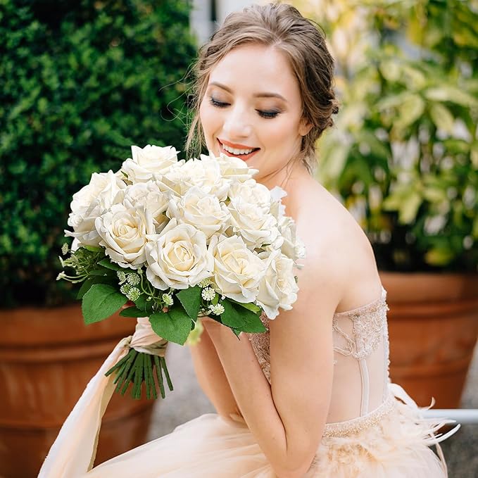 Artificial Roses Bouquets - 8 Bundles Fake Silk Flowers Realistic Faux Florals Bulk for Wedding Bridal Party Baby Shower Event Home Arrangements Centerpieces Decorations (Champagne)