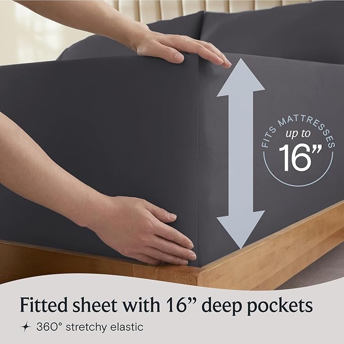 LuxClub 4 PC Queen Sheet Set, Sheets Queen Size, Deep Pockets Wrinkle Free Cooling Sheets Machine Washable Hotel Bedding Silky Soft - Dark Grey Queen
