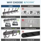 TICONN Wall Mounted Coat Rack, Five Heavy Duty Tri Hooks All Metal Construction for Jacket Coat Hat in Mudroom Entryway (Space Gray, 2-Pack)