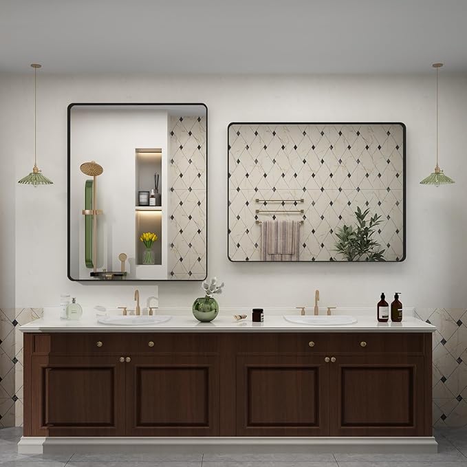 28x36 Black Matte Bathroom Mirror, Rectangle Framed Vanity Mirror for Wall, Rounded Corner, Anti-Rust, Shatterproof (Horizontally/Vertically)