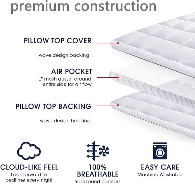Mattress Topper Queen & Mattress Pad Protector - Quality Plush Luxury Down Alternative Pillow Top - 2inch Extra Thick Mattress Cover(60"x80")