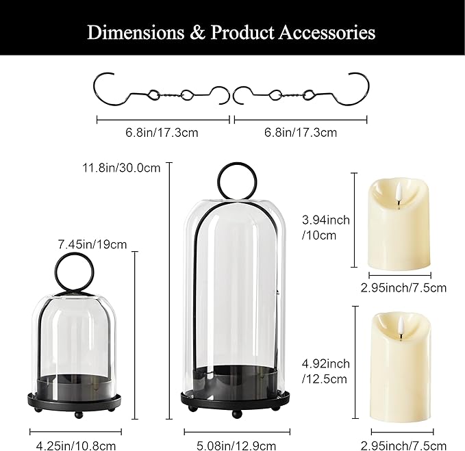 5"&4" Metal Candle Holder with Handmade Glass Dome in Brass & 2 Timer Candles, Set of 2 Versatile Hurricane Glass Candle Holders for Pillar Candles & Plants