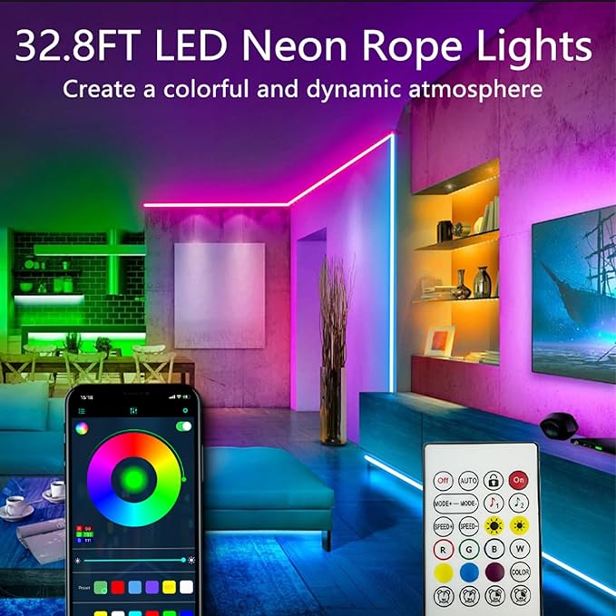 32.8FT Neon Rope Lights,Flexible Led Rope Light Control with App/Remote,Multiple Modes,Music Sync,IP65 Outdoor RGB Led Strip Lights Waterproof