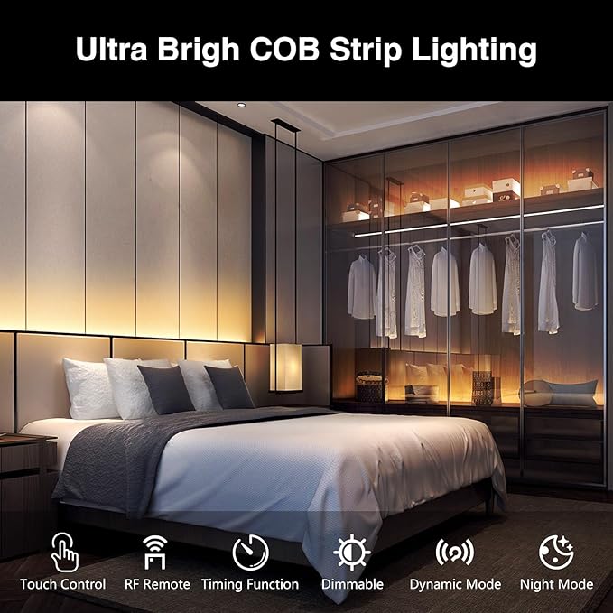COB LED Strip Lights, Tunable White 2700K-6500K COB Light Strip with RF Remote, 3040 LEDs, CRI90+, 24V Adapter, Dimmable High Density Uniform LED Lights for Bedroom, Kitchen, Cabinet, 16.4ft