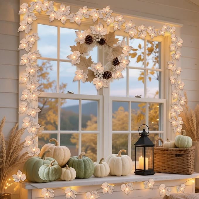 5 Pack Thanksgiving Garland with Lights Maple Leaf String Lights - Total 32.5 Ft Fall Leaf Garland String Lights with 100LED Battery Operated Decor for Fireplace Thanksgiving Table Decorations Indoor