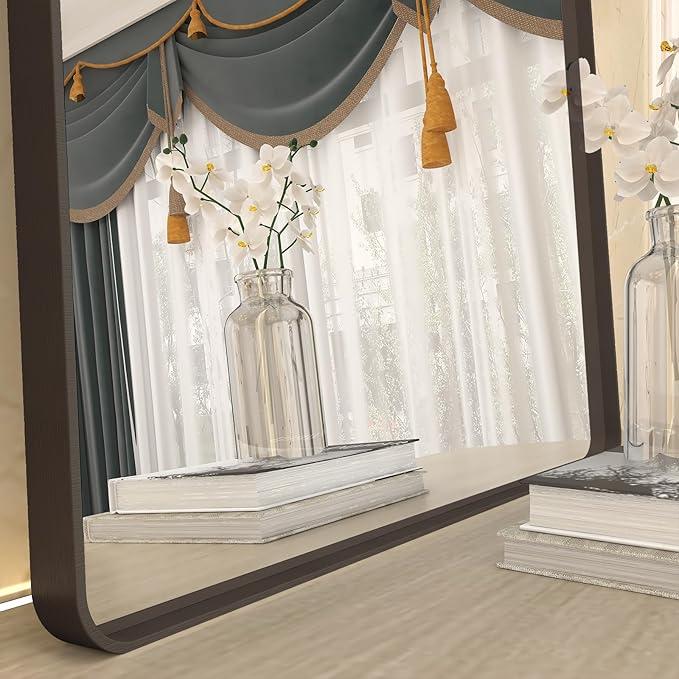 28x36 Bronze Framed Mirror, Brushed Bronze Metal Bathroom Vanity Mirror for Wall, Modern Rectangle Mirror, Rounded Corner, Anti-Rust, Tempered Shatterproof (Horizontal/Vertical)