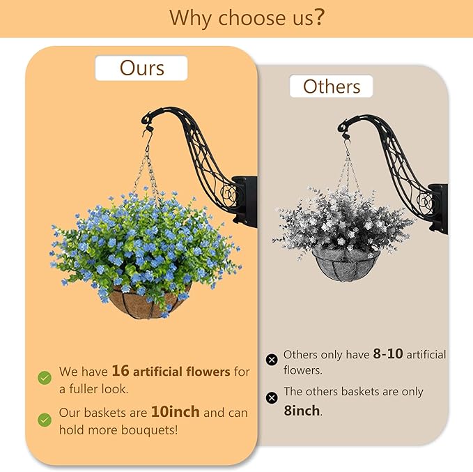 Artificial Hanging Flowers Basket for Outdoor, 16 Fake Flowers Look Real UV Resistant, Faux Hanging Plants for Porch, Balcony, Patio, Garden, Spring Summer Decor,Blue