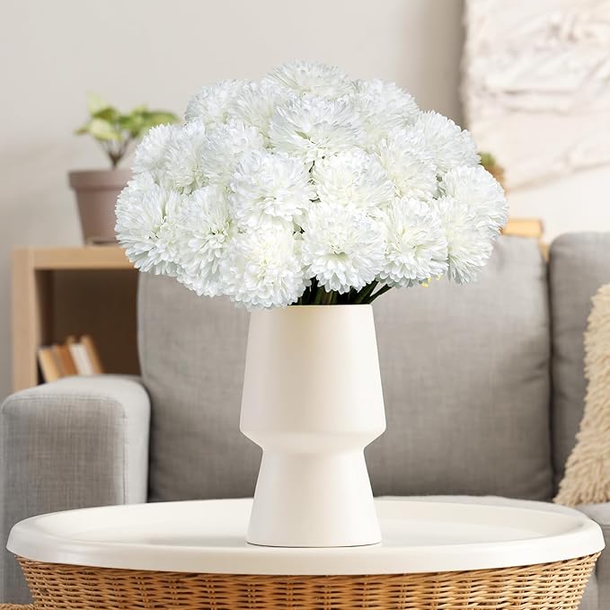 36 Pcs White Artificial Flowers Faux Ball Chrysanthemum Bouquet Silk Flowers Bridal Wedding Bouquet for Home Garden Party Office Coffee House Decoration (White)
