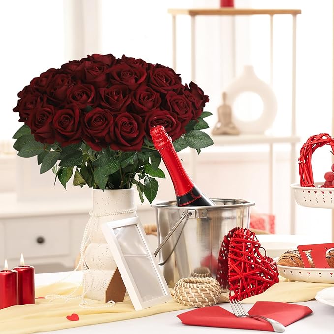 30pcs Fake Roses Artificial Silk Flowers Long Stems Bouquet for Wedding Bridal Shower Party Home Decoration(Wine Red)