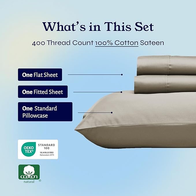 California Design Den Soft Twin Sheets Set - 400 Thread Count Sateen, Natural 100% Cotton Sheets, Deep Pockets, Cooling and Durable Bedding Set for Dorm Rooms & Adults - Taupe