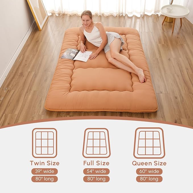Japanese Floor Mattress, Futon Mattress with Portable Storage Bag and Washable Cover, Roll Up Thick Tatami Mat Suitable for Camping, Guest Room, Light Coffee, Full