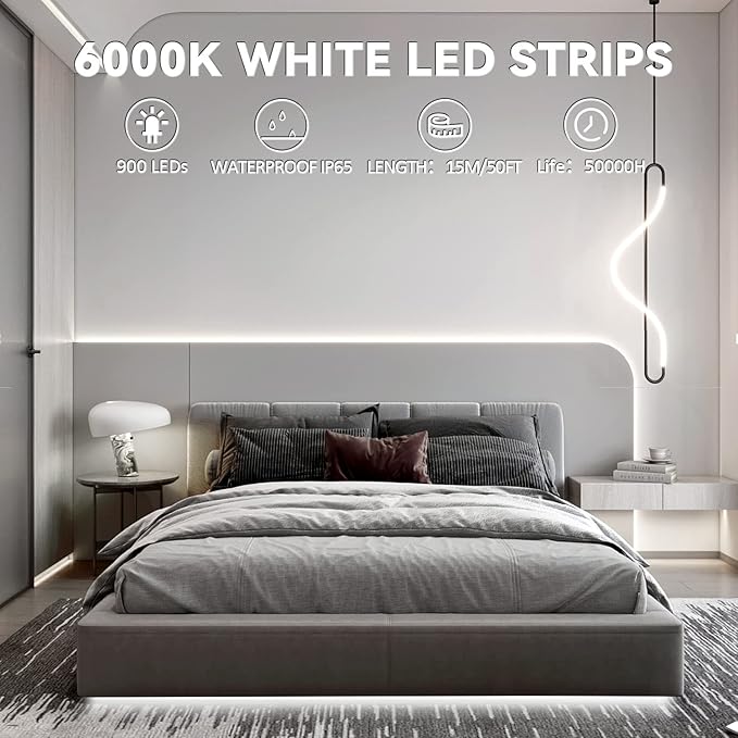 50ft Waterproof LED Strip Lights, 6000K Daylight White IP44 Tape Light, 15M 12V Rope Light Strong 3M Adhesive, for Home,Kitchen, Patio, Balcony, Party, Wedding, Indoor and Outdoor Decor