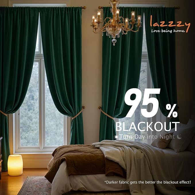 Lazzzy Velvet Blackout Curtains Thermal Insulated Room Window Drapes Super Soft Luxury Curtains for Living Room Bedroom Rod Pocket 2 Panels, Emerald Green, 62" W x 96" L