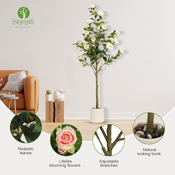 5FT Artificial Camellia Tree with White Planter & Pebbles,Faux Flower Tree with Lifelike Leaves and Realistic Trunk,Tall Fake Potted Plant for Home Decor Indoor Outdoor. (White, 5FT)