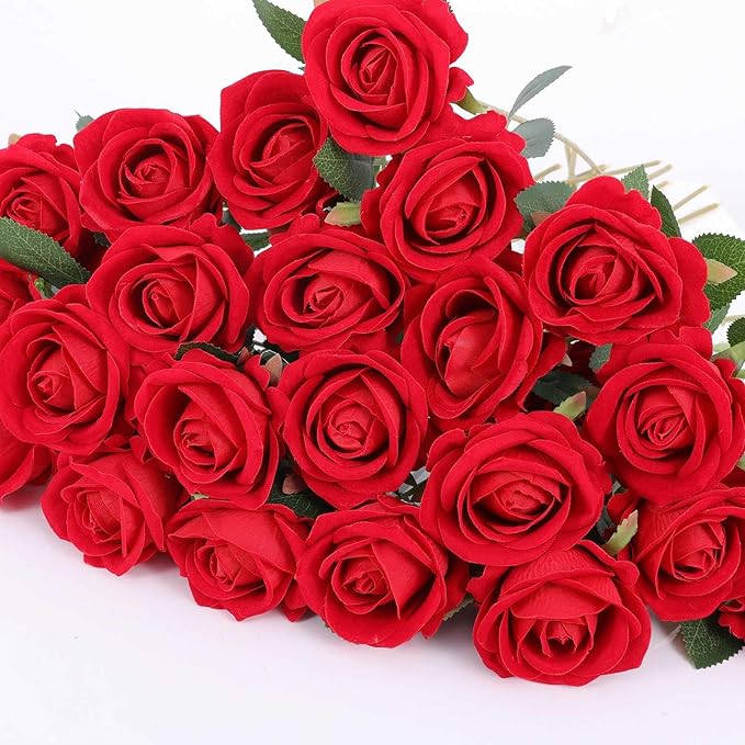 60 Pcs Artificial Roses Bulk Velvet Silk Roses Red Rose Flowers for Wedding Centerpieces Bridal Bouquet Mohter's Day Valentine's Day Christmas Home Decor (60, Red)