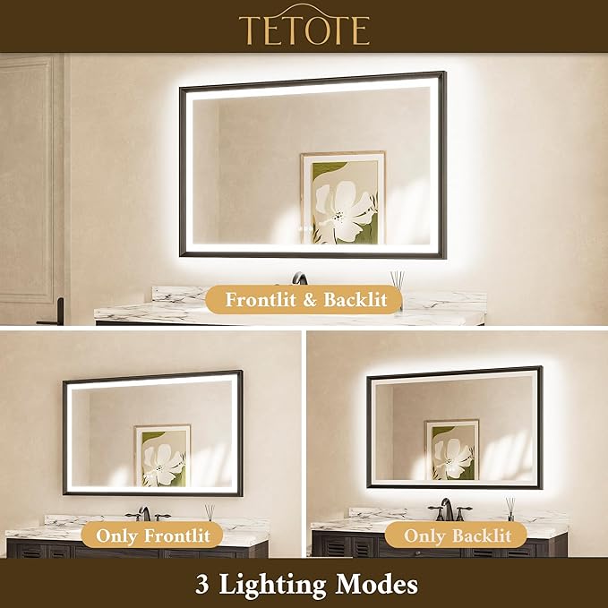 TETOTE 48x40 LED Bathroom Mirror with Lights Black Metal Frame Front & Back Light Vanity Mirror Baroque Antifog Stepless Dimmable White/Warm/Natural,CRI90+,Waterproof,Wall Mounted(Horizontal/Vertical)