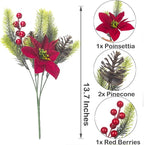 8PCS Artificial Flowers Bouquet Christmas Floral Pine Cones Red Fake Berry Picks Stems Holly Holiday Floral Picks for Xmas Tree Party Decoration DIY Indoor Table Centerpieces