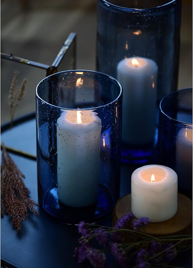 ARIAMOTION Glass Hurricane Candle Holder for Pillar Blue Cylinder Vase Flower Centerpiece Seeded Bubbles Modern Table Decoration for Kitchen Living Room 8 Inch 5 inch Diam