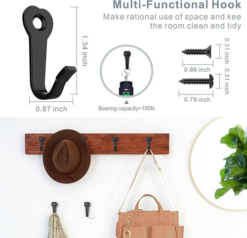 15 Utility Hooks Wall Mounted with 30 Screws - Black Heavy Duty Hooks for Coat, Robe, Bag, Key | Garage Entryway Hanging Organizer, Closet & Bathroom Hardware