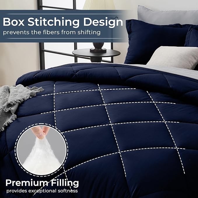 HEVUMYI King Comforter Set - 7-Piece All Season Bed in a Bag King, Ultra Soft Bedding Set with Comforter, Flat Sheet, Fitted Sheet, Pillowcases, Pillow Shams, Navy Blue & Light Grey